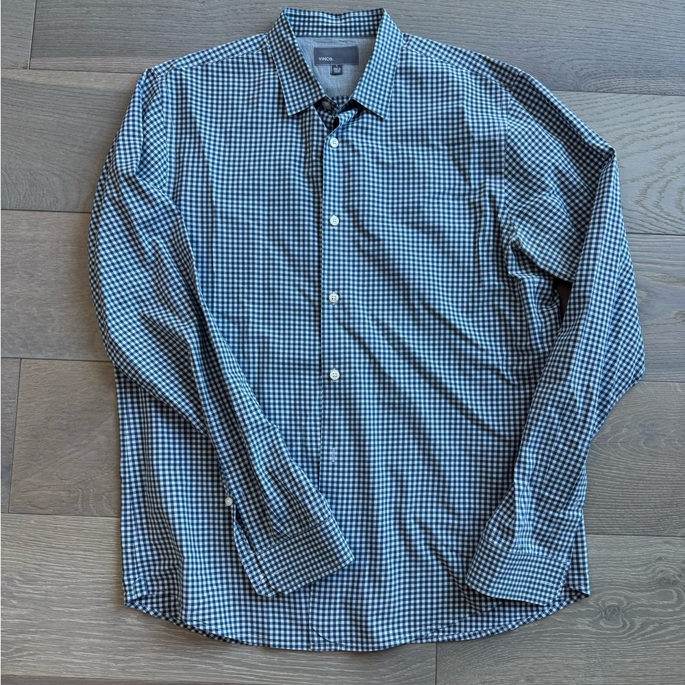 Vince Men's Navy Gingham Button Down Shirt Long Sleeve Casual
